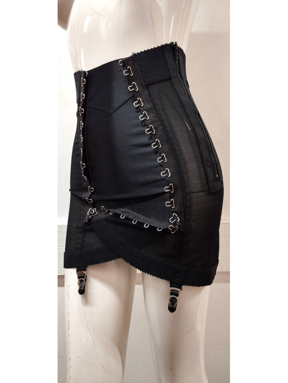 Vintage Bombshell Lingerie Black Satin Sheer Garter Skirt XS 1980s MADONNA STYLE